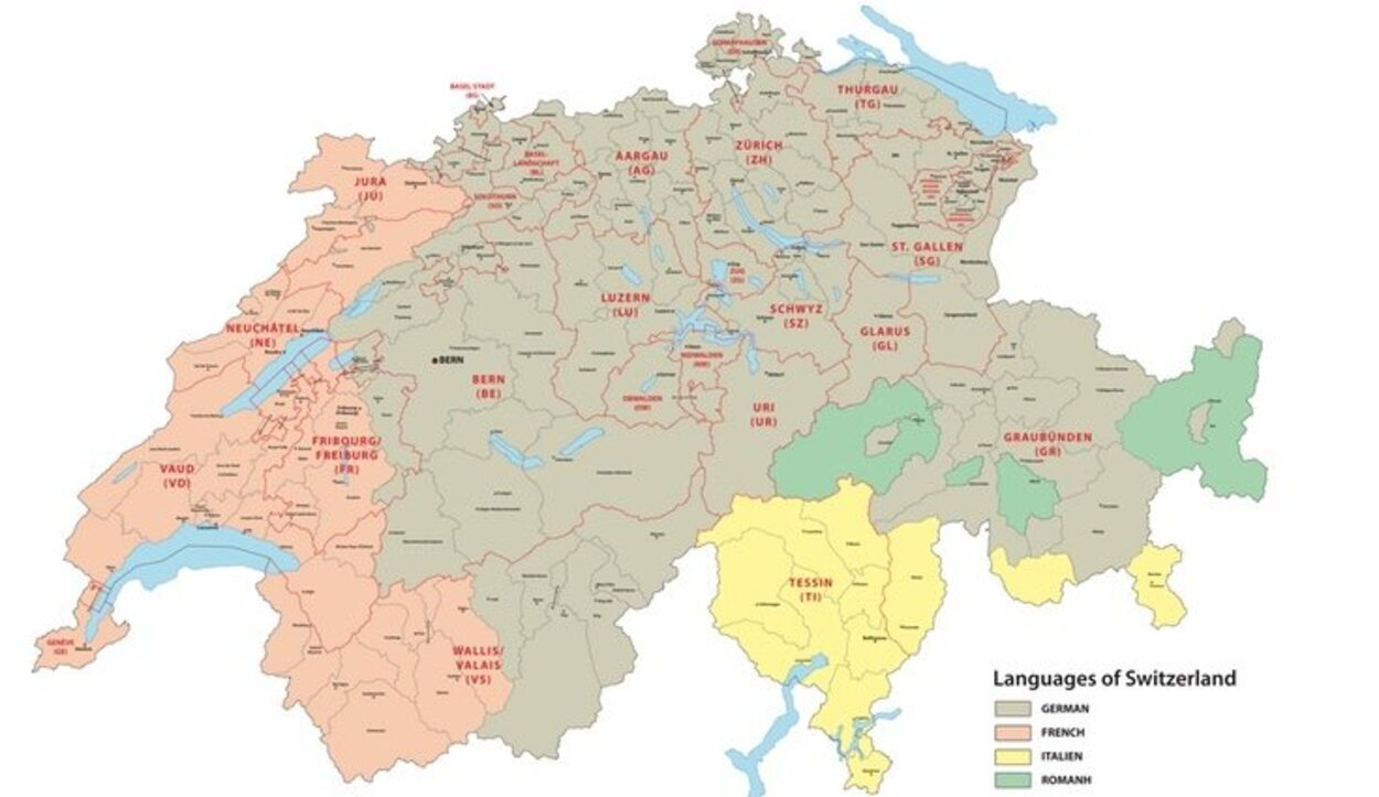 Distribución del mapa de Suiza en función de las cuatro lenguas oficiales